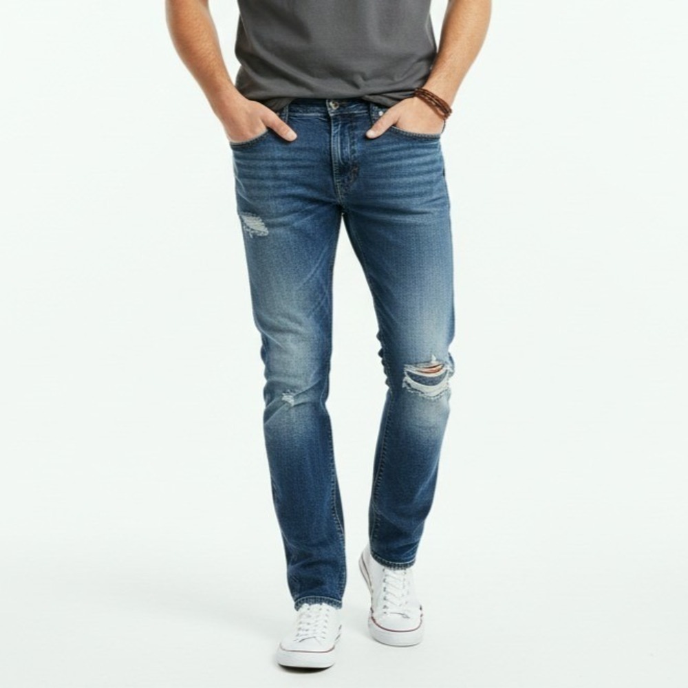 American Eagle Men's 32x34 Slim Straight Jeans Blue Medium Wash Distressed Denim